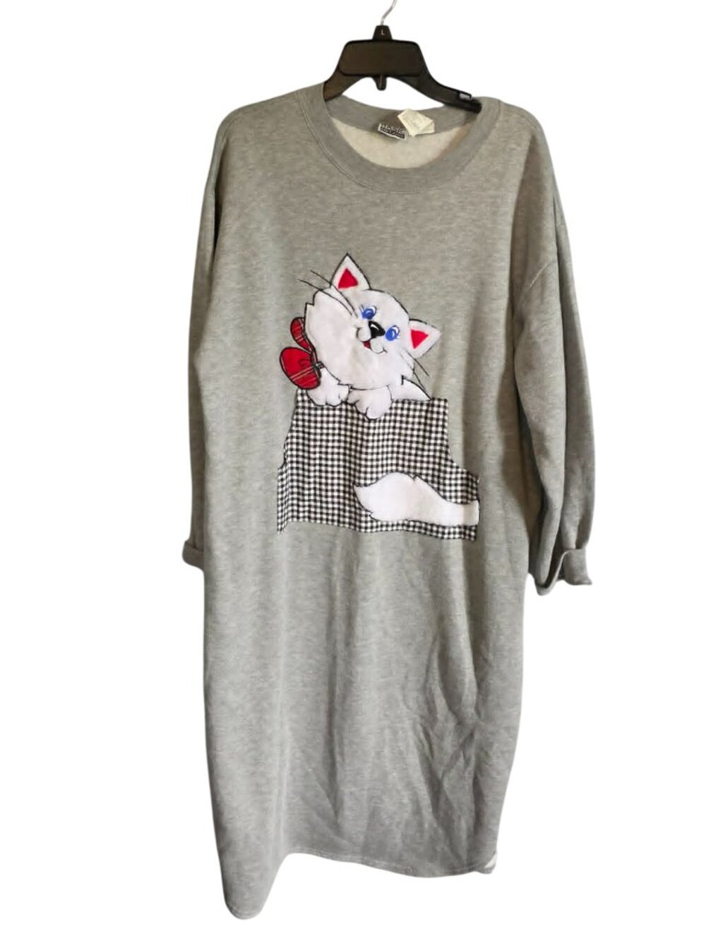 Vintage 90s Basic Editions Cat Sweatshirt Dress Nightgown Gray Large